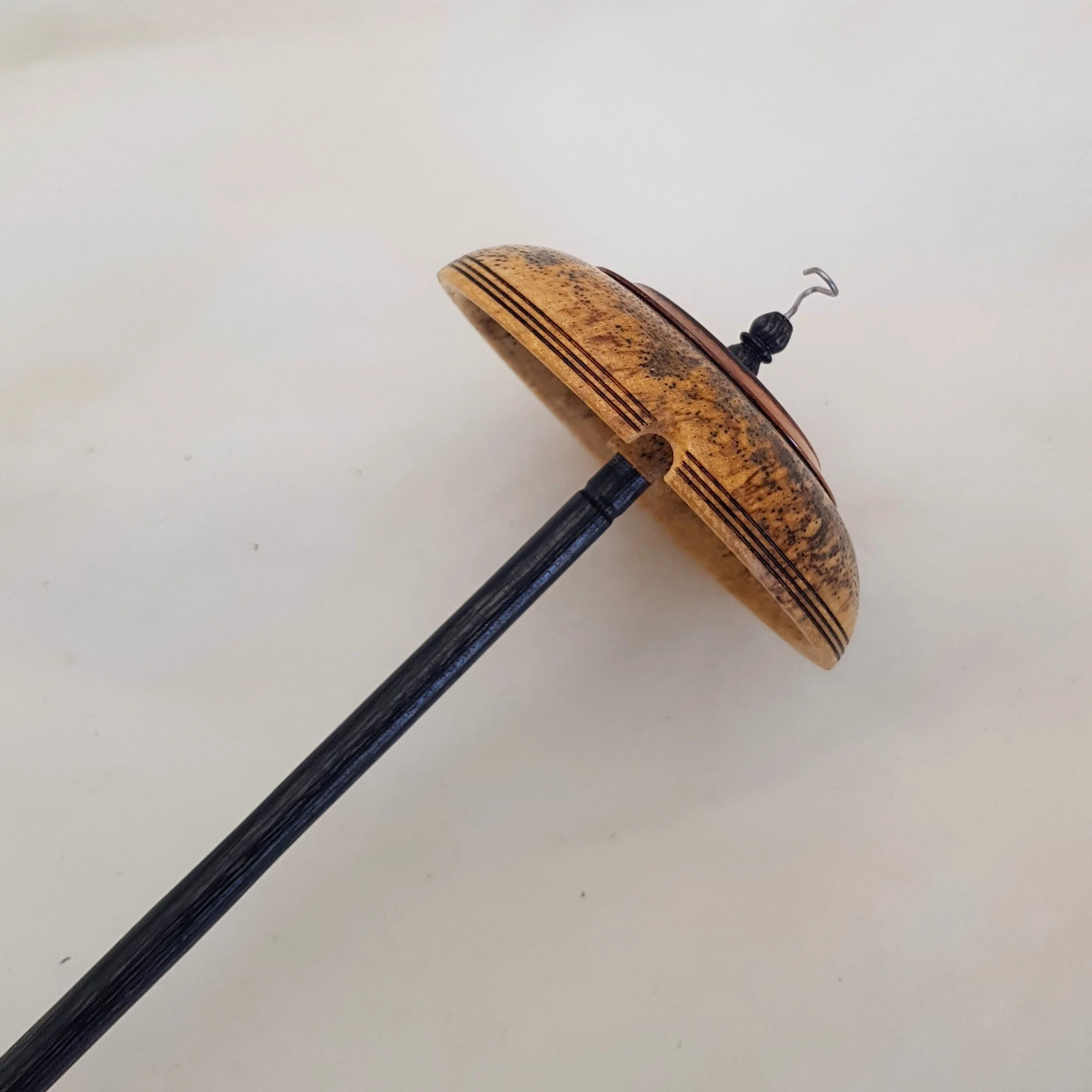 Signature Series - Medium Weight Top Whorl Drop Spindle in Highly Spalted Poinciana, Dymondwood, and Frogwood.