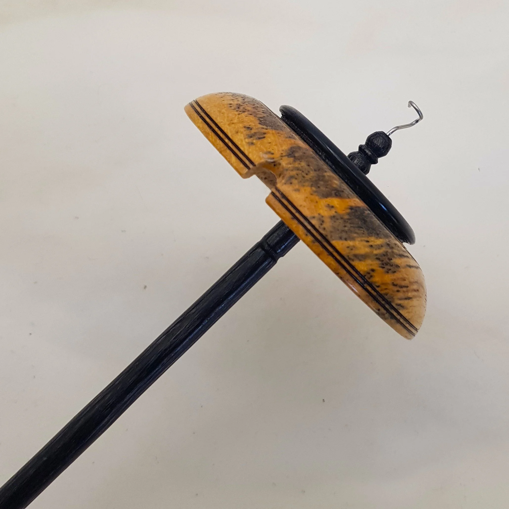 "Sly" - Limited Edition - Medium Light Weight Top Whorl Drop Spindle in Very Highly Spalted Poinciana, Gaboon Ebony, and Frogwood.