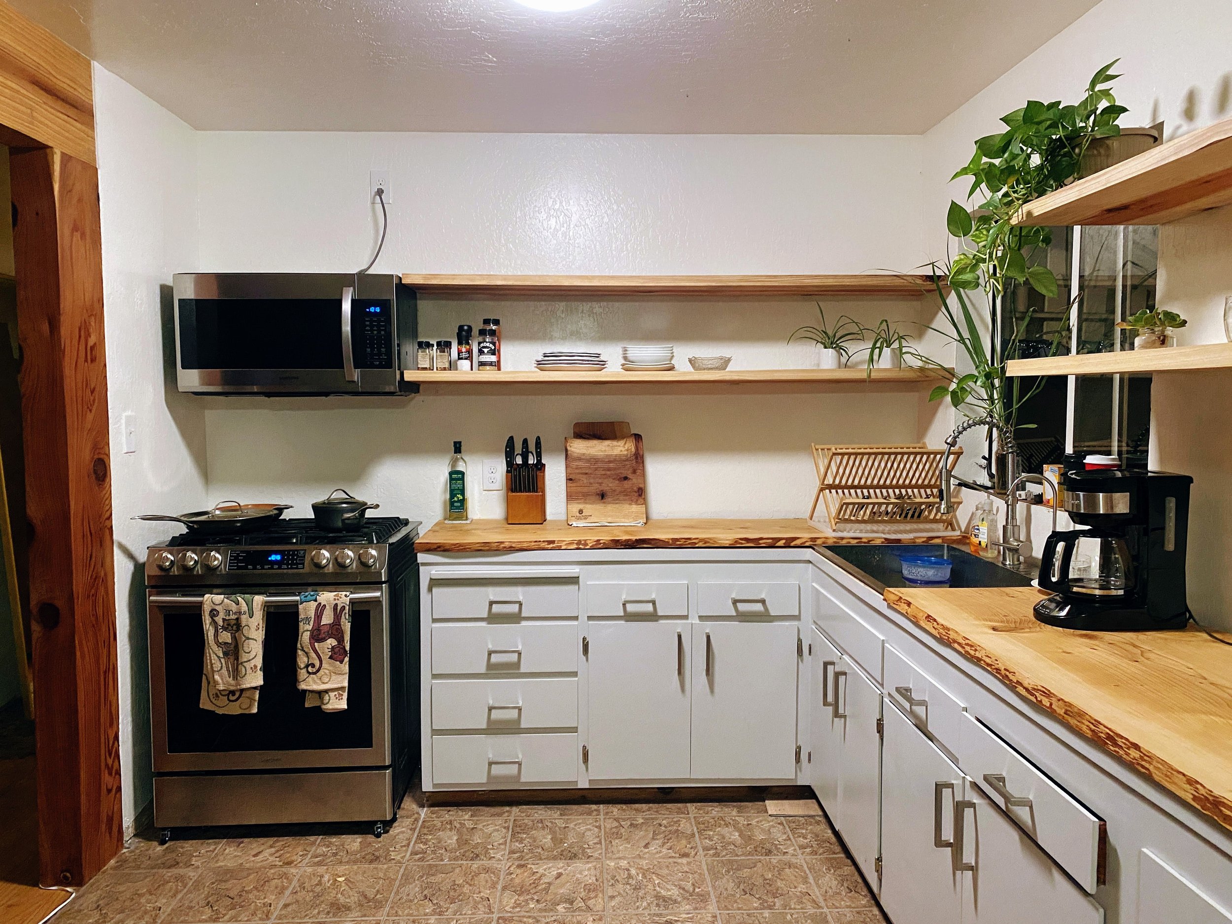 Straight-Cut Redwood Floating Kitchen Shelves