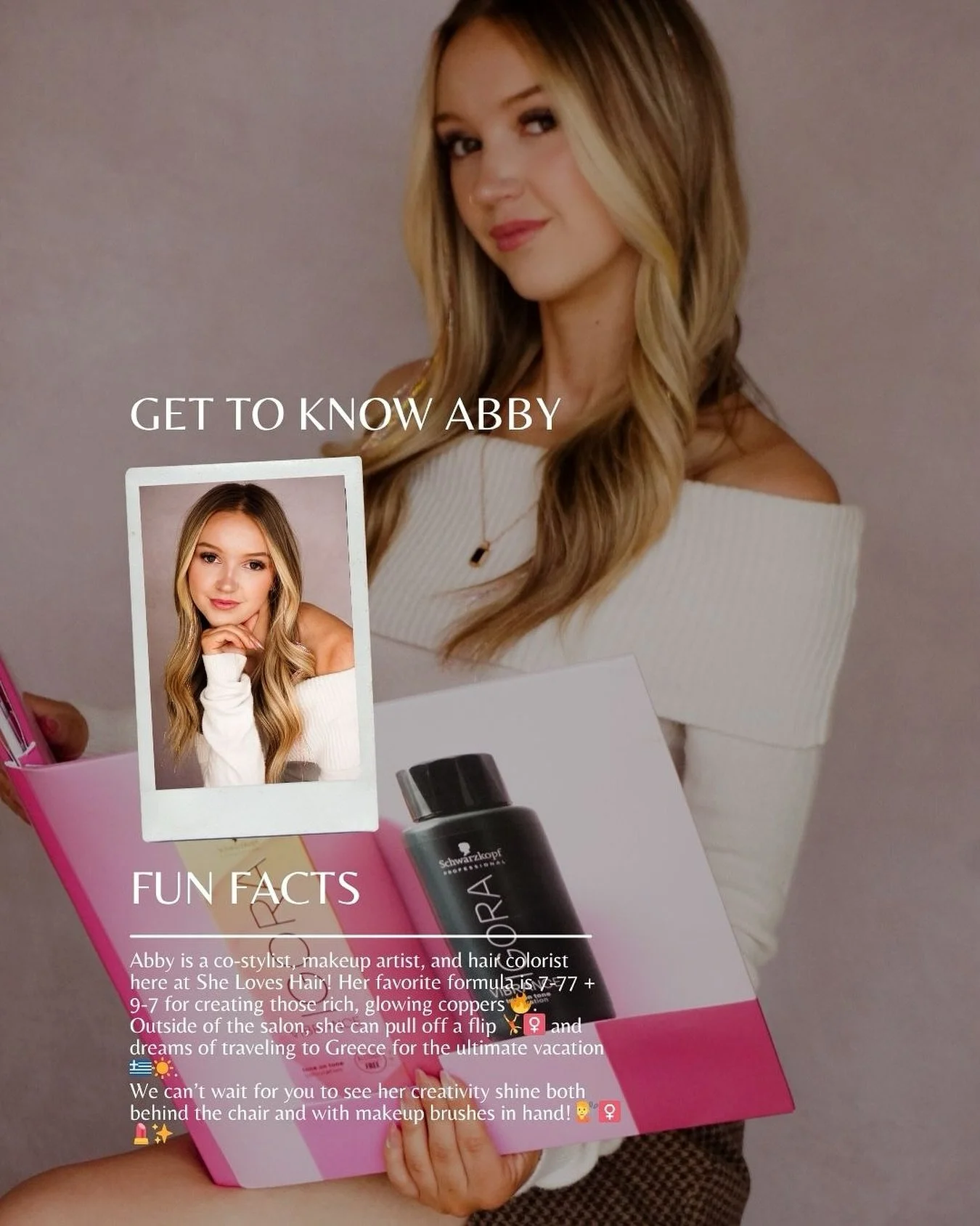 ✨ Get to Know Abby ✨
Abby is a co-stylist, makeup artist, and hair colorist here at She Loves Hair! Her favorite formula is 7-77 + 9-7 for creating those rich, glowing coppers 🔥. Outside of the salon, she can pull off a flip 🤸&zwj;♀️ and dreams of 
