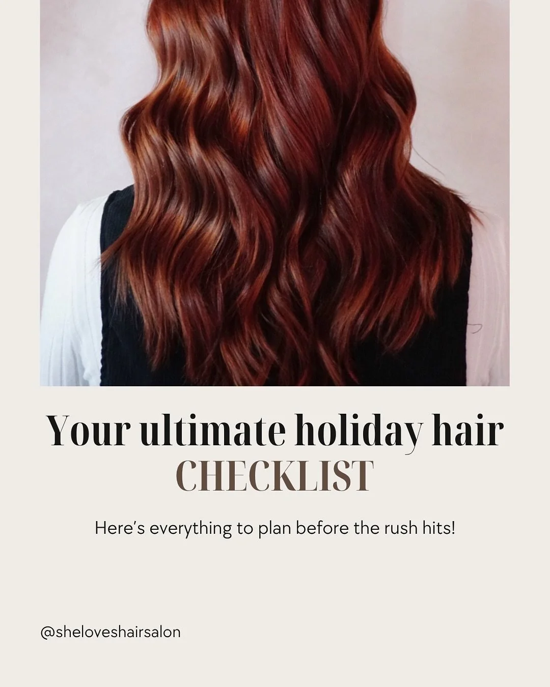 It&rsquo;s officially that time ✨&mdash; here&rsquo;s your holiday hair checklist!

1️⃣ Book your refresh early (our chairs fill fast!)
2️⃣ Add a gloss or treatment for shine
3️⃣ Trim those ends before photo season
4️⃣ Restock your styling favorites
