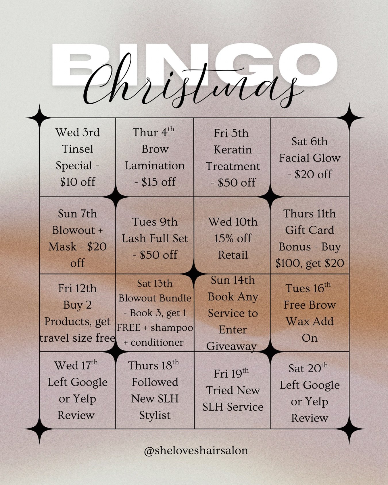 Complete 4 across OR 4 down for your chance to win a Luxury Hair Care Kit 🎁💗 Winner announced December 22nd!

Here&rsquo;s how to play ⤵️
&bull; Save the board &amp; mark your squares
&bull; Services booked on the day of each square receive special