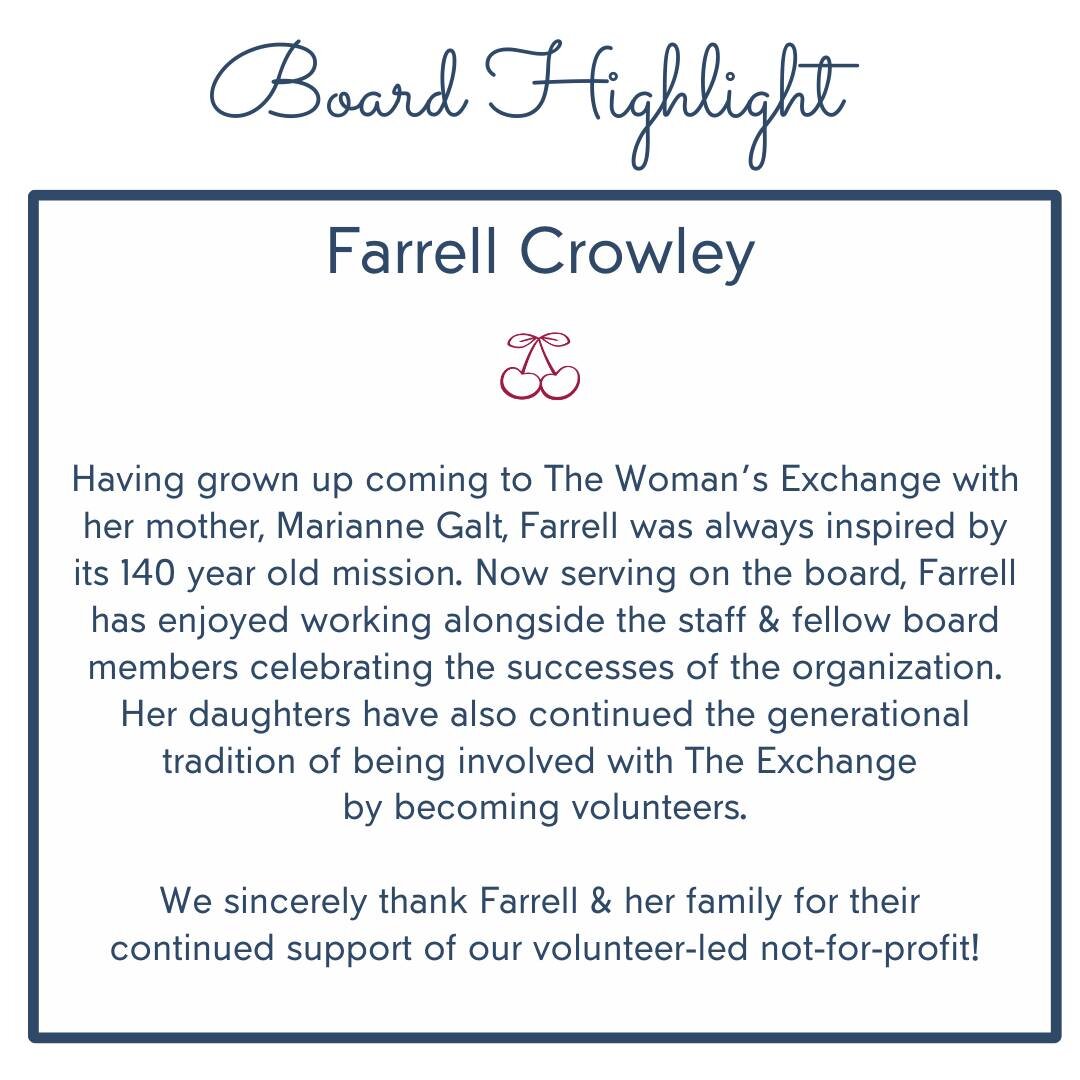 We are excited to share our Board Highlight for this month, Chairman of the Board Farrell Crowley! We thank Farrell &amp; her family for their continued support &amp; dedication to The Woman's Exchange. 🍒 

#Woexstl 
#BoardMember 
#BoardHighlight 
#