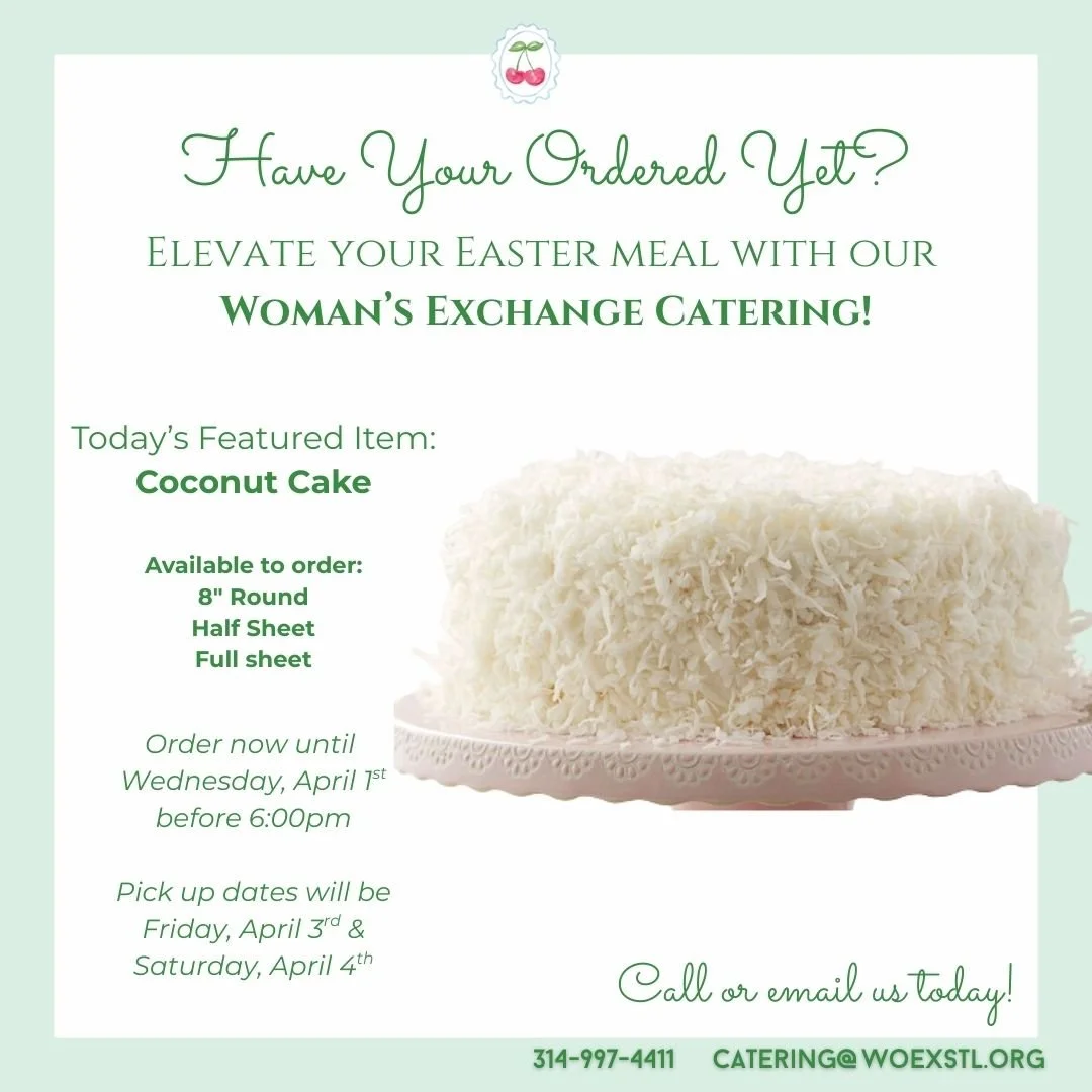 Have you ordered your Easter Catering yet? Don't forget to add to your menu Coconut Cake, a signature dessert favorite at The Woman's Exchange! 🍰 Available for pre-order in the following options: 

🥥 8" Round 
🥥 Half Sheet 
🥥 Full Sheet 

Ca