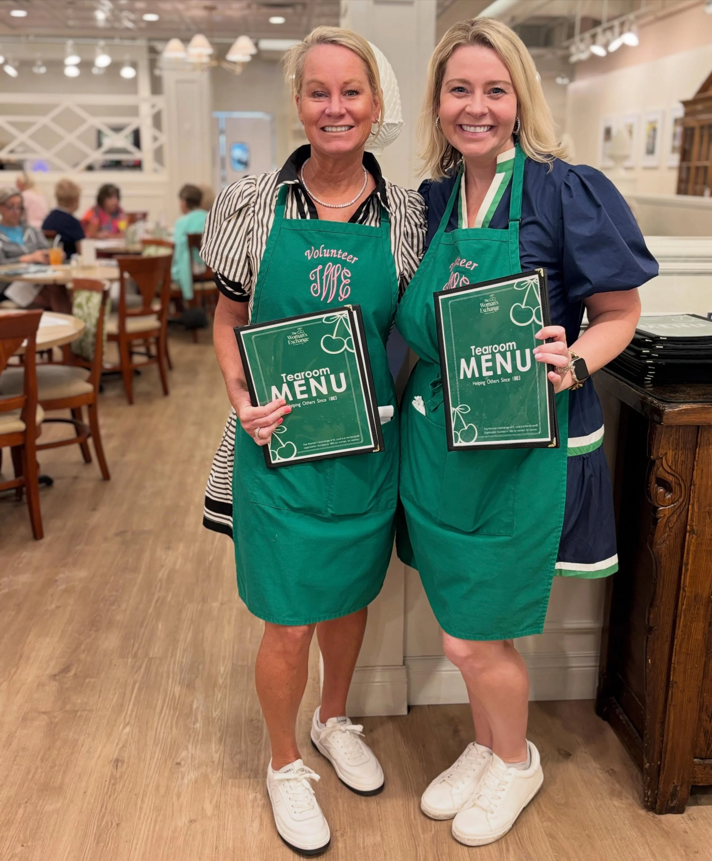 Our darling hostesses, Dana &amp; Meg, are ready to seat you in our Restaurant &amp; Tearoom! We are always delighted to see our Board Members volunteering their time &amp; assisting our customers with their orders. 🥗

Seating is beginning to fill u