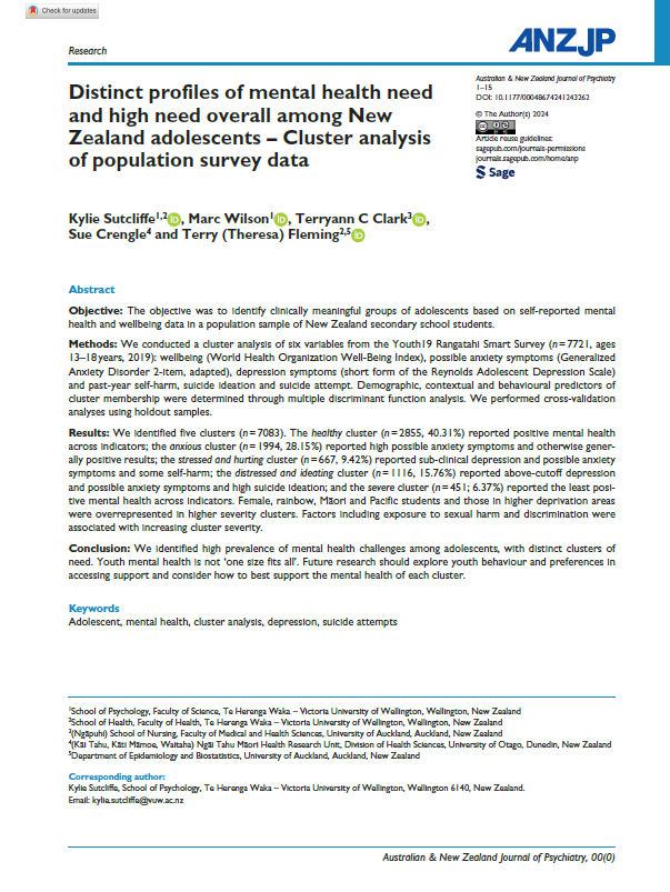 Distinct profiles of mental health need and high need overall among New Zealand adolescents – Cluster analysis of population survey data