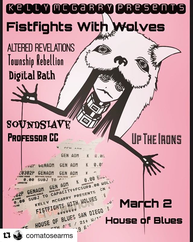 #Repost @comatosearms with @get_repost
・・・
@kelly_mcgarry_presents @fistfightswithwolves show March 2nd at @hobsandiego !! We&rsquo;ve got some free tickets as well, so message me if you want a couple before here gone!
Art by @jonathaniusputnamius :
