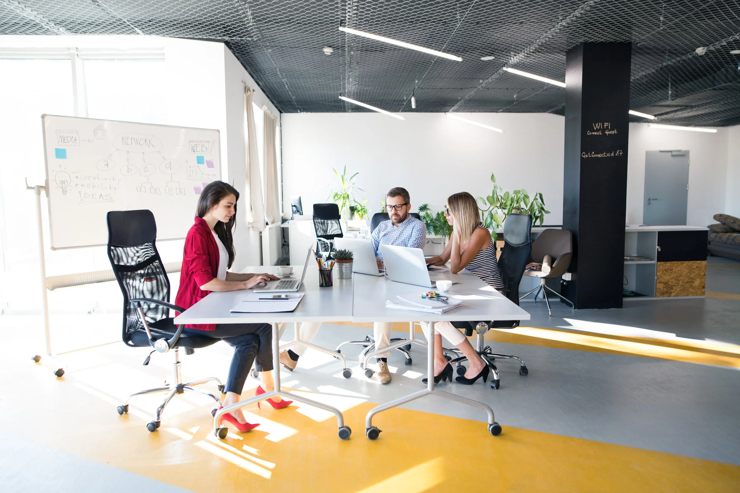 Team collaborating in a modern office while renting commercial space with open layout and natural light
