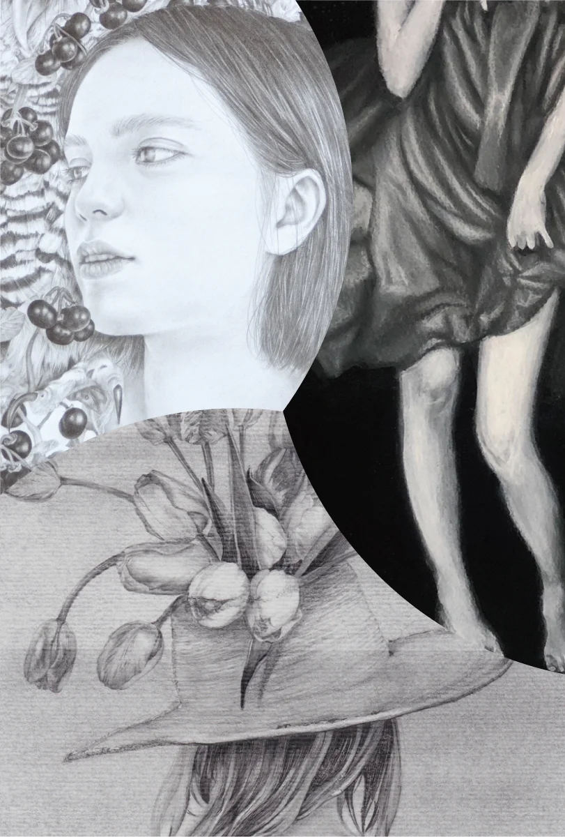 下:三橋灯 “ tulip hat ” 2019, pencil, drawing pen on paper 297×210mm 右上 : 明神睦美 “ blanc ” 2019, acrylic, charcoal pencil on watercolor paper 297×210mm 左上:吉澤知美 “Premotion ” 2019, pencil on paper 180×160mm (部分)