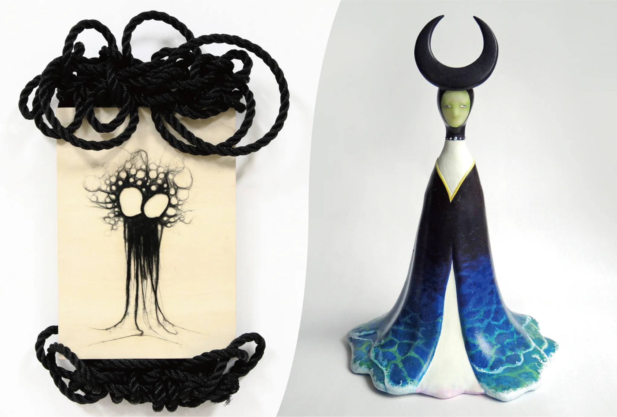 左:Aira “ kissing ” ウッドパネルに刺繍糸、ウール、炭、ロープ 410×275mm 右 : 石橋ユイ “ ツキヨミ ” mixed media 320×200×210mm