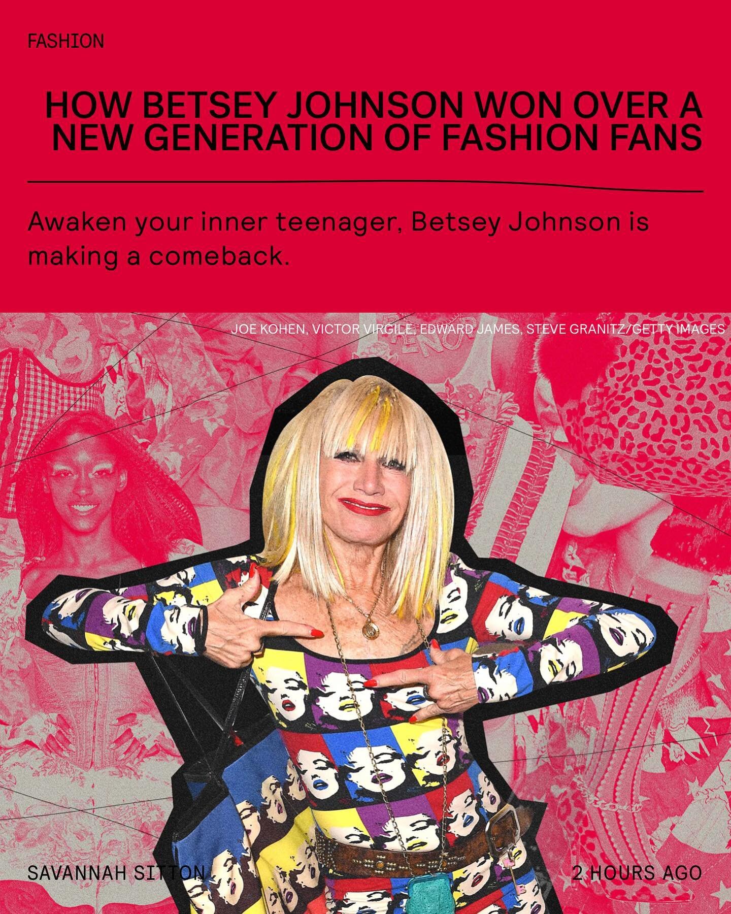 interviewed my middle school muse (proof on slide #4) on her milestone birthday collection, a grand label revival (&ldquo;I saw it coming!&rdquo; -BJ) , oh, and finding love at 80-years-young. Love you @betseyjohnson!!! 💞 

Thank you @infinitycre8iv