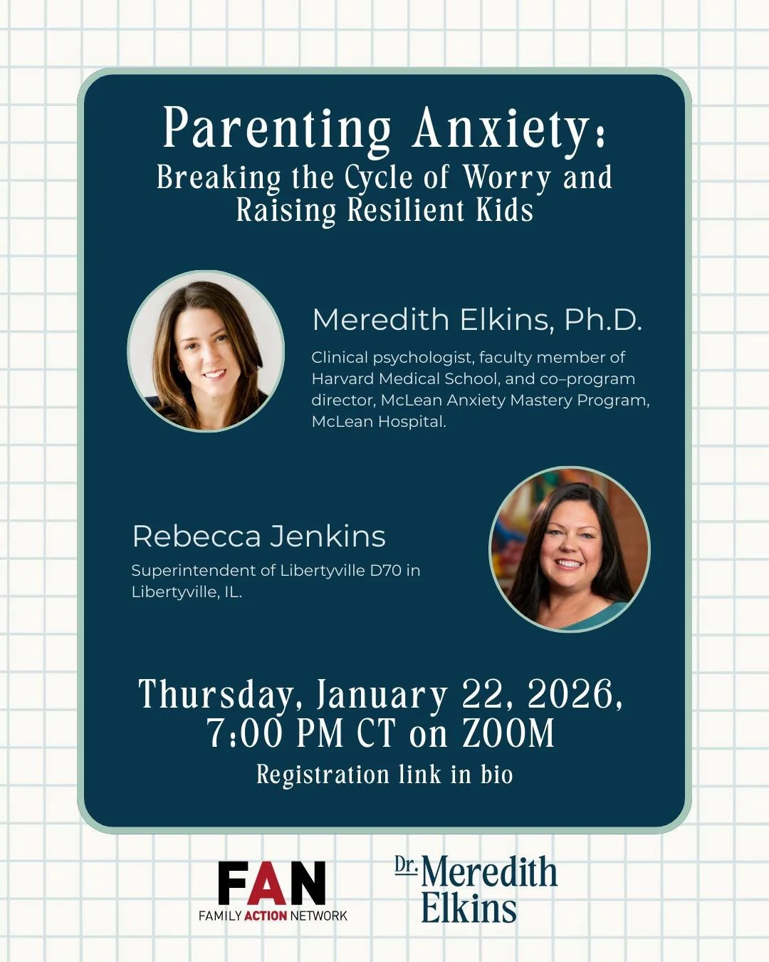 Parenting is hard, especially when anxiety shows up for our kids and for us.

I&rsquo;m honored to be speaking with Rebecca Jenkins, Superintendent of Libertyville D70, for a live webinar hosted by Family Action Network on Parenting Anxiety: Breaking