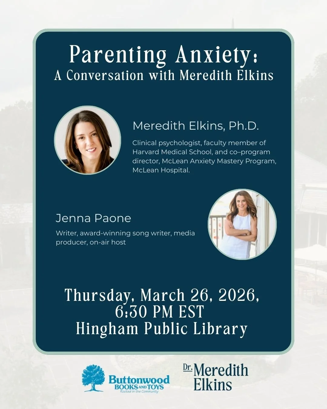 South Shore friends! Pleas join me on Thursday, March 26 at 6:30pm at the Hingham Public Library for an in-person conversation about my new book, Parenting Anxiety.

I'll be joined by my conversation partner &mdash; and sister-in-law! &mdash; Jenna P