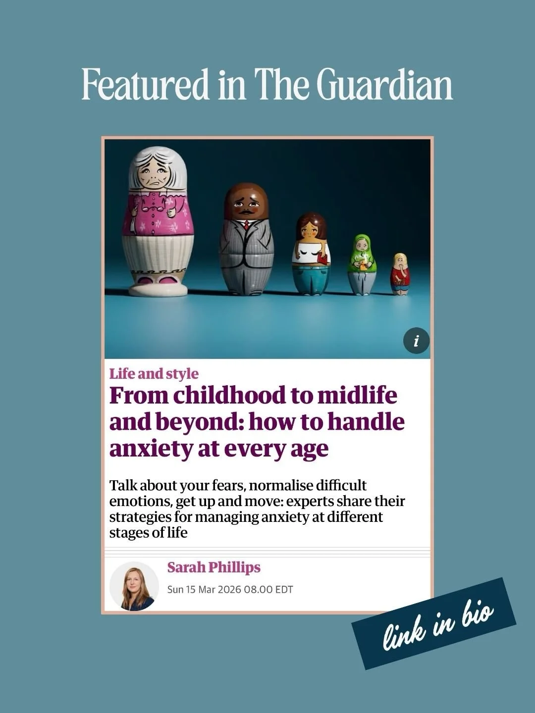 Honored to be featured in a recent piece by Sarah Phillips in @guardian discussing anxiety across the lifespan.

One of the things we know from research and clinical work: none of us overcome anxiety by avoiding what scares us: we overcome it by lear