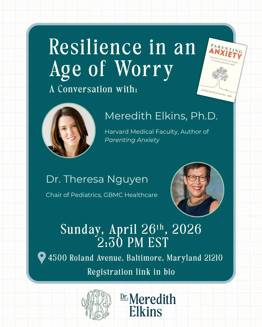 Baltimore friends!

I'm so excited to be heading home for a special community conversation at the Women's Club of Roland Park.

Join us for Resilience in an Age of Worry&mdash;an engaging discussion on how anxiety shapes our lives, relationships, and