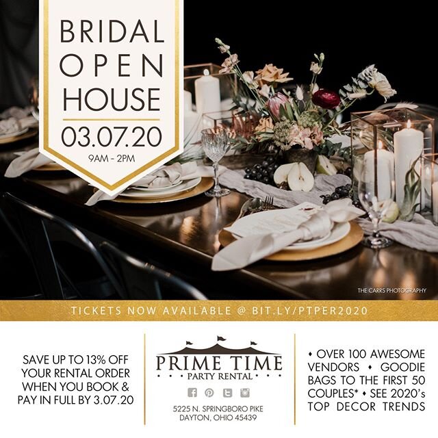 Eeek!! We're just 3 weeks away from our favorite wedding show...the Bridal Open House at @primetimepartyandeventrental 🎊⁠
.⁠
Make sure you get your tickets and come meet us at the @daytonvenues booth or with @elitecateringandevents⁠
.⁠
It's a great 