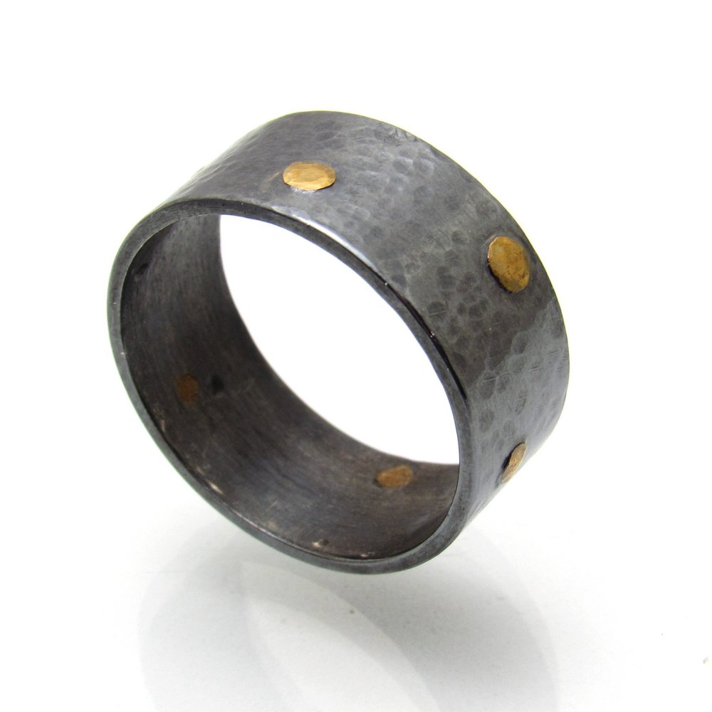 Unisex Hammered Oxidized Silver Ring Band with Brass Rivets Wedding Celtic  Viking Style Black Gold Contemporary Fashion 10mm Wide — Sachs Design inc.