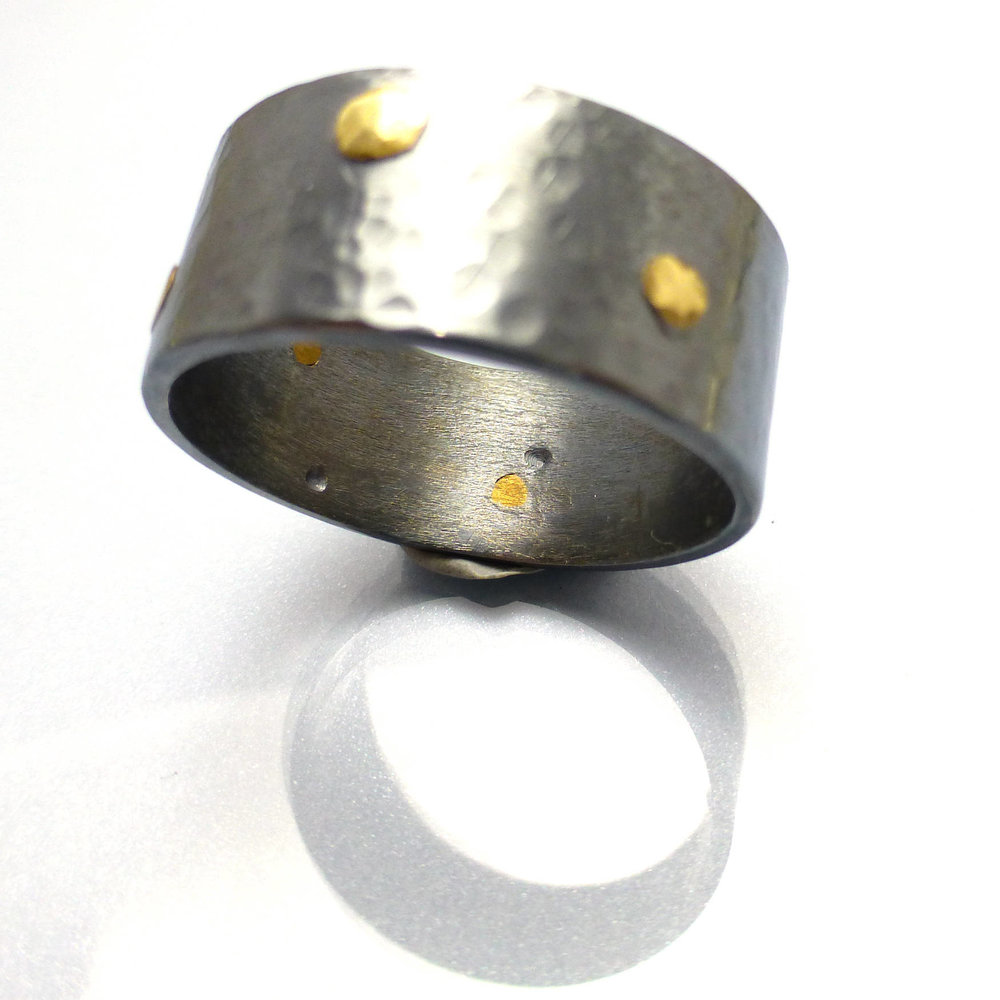 Unisex Hammered Oxidized Silver Ring Band with Brass Rivets Wedding Celtic  Viking Style Black Gold Contemporary Fashion 10mm Wide — Sachs Design inc.