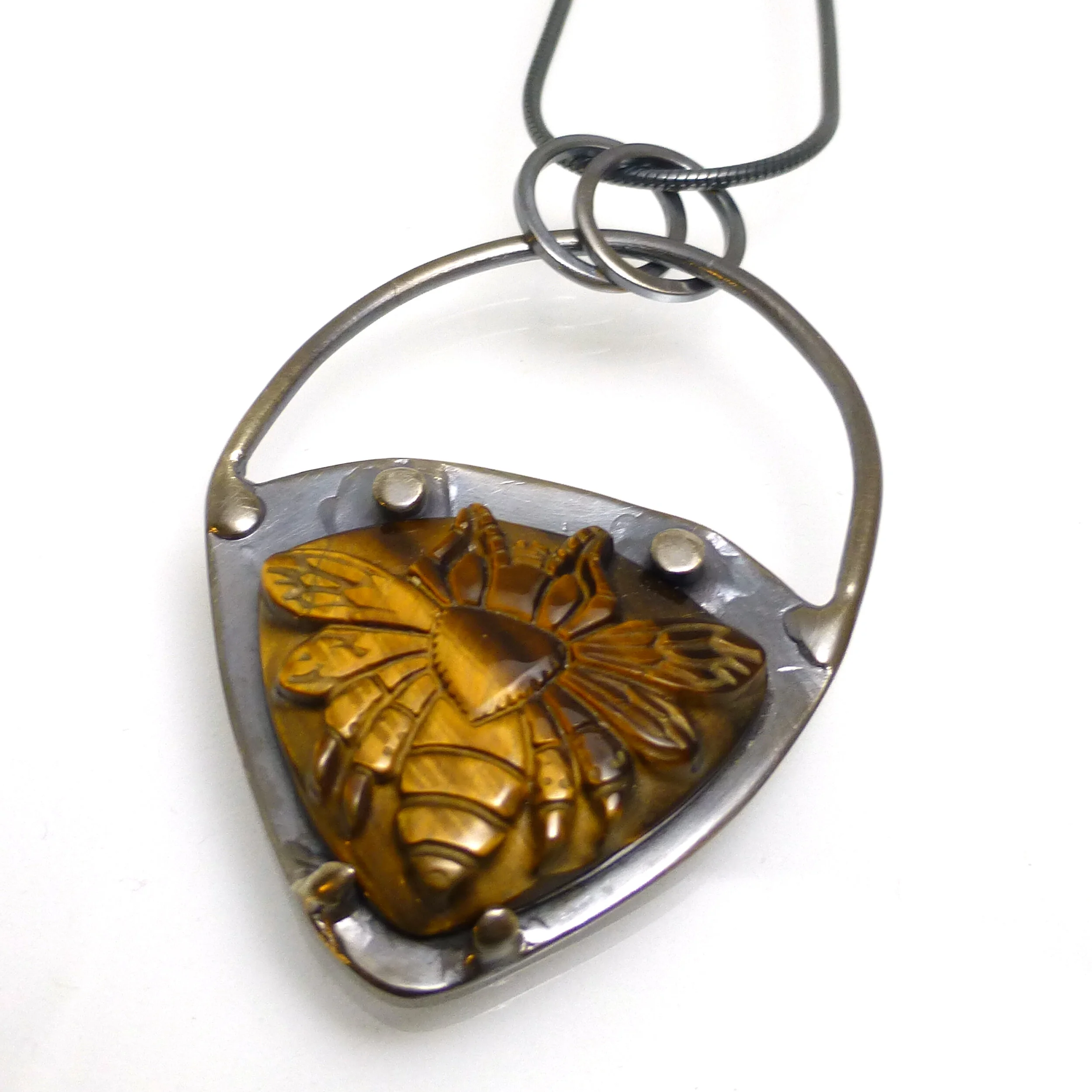 Honey Bee Tiger Eye Pendant Oxidized Sterling Silver