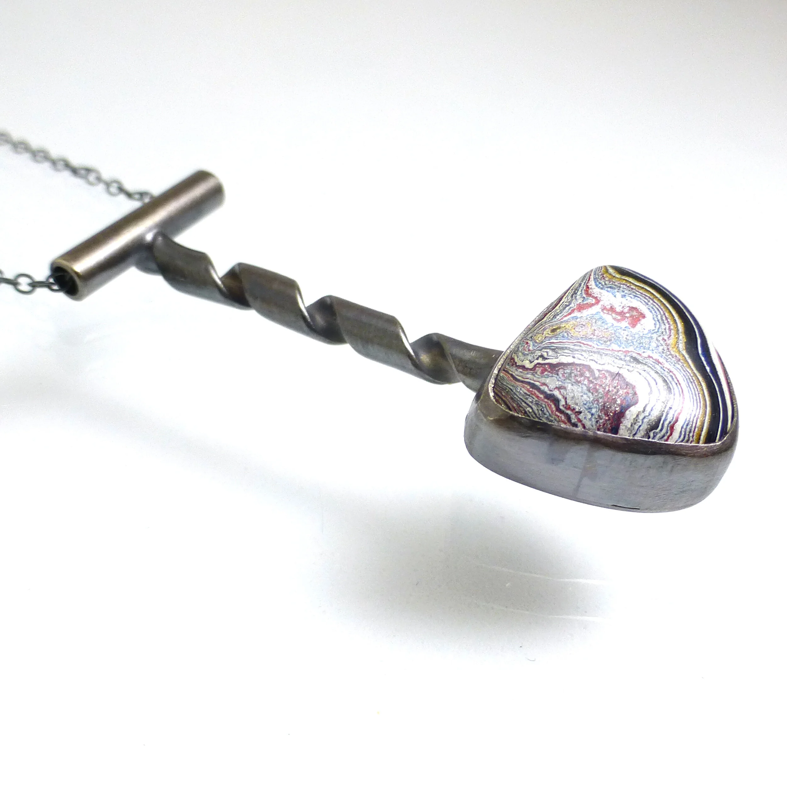 Fordite Necklace Oxidized Sterling Silver drill bit Twist
