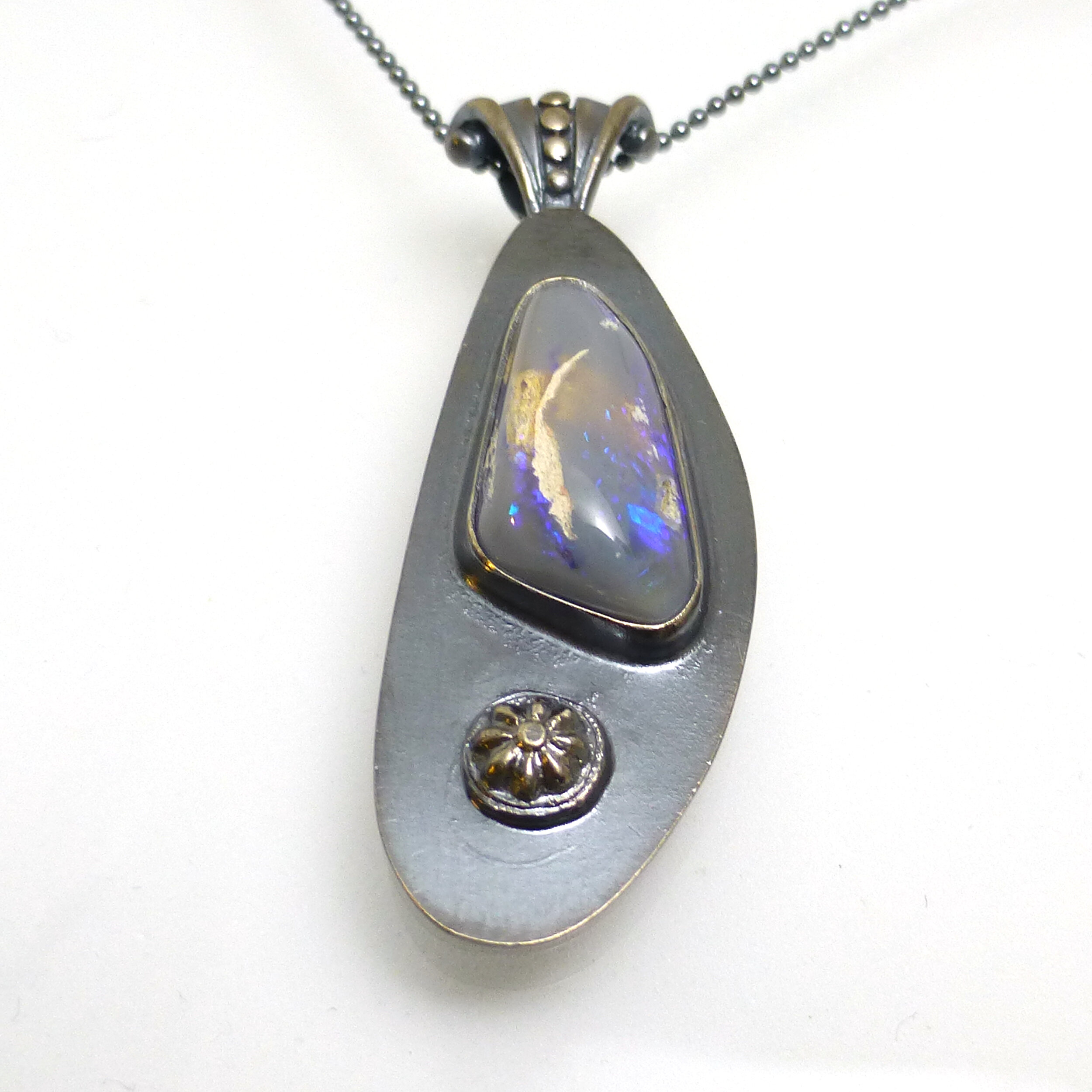 Australian Lightning Ridge Black Opal Necklace 16" Sustainable recycled Sterling Silver   