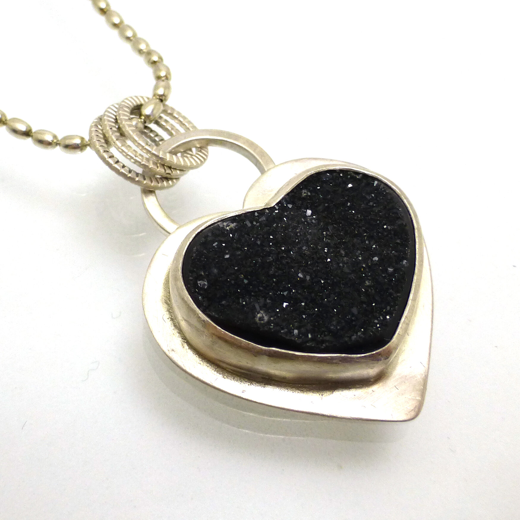 Druzy Crystal Black Heart Necklace in Sterling Silver