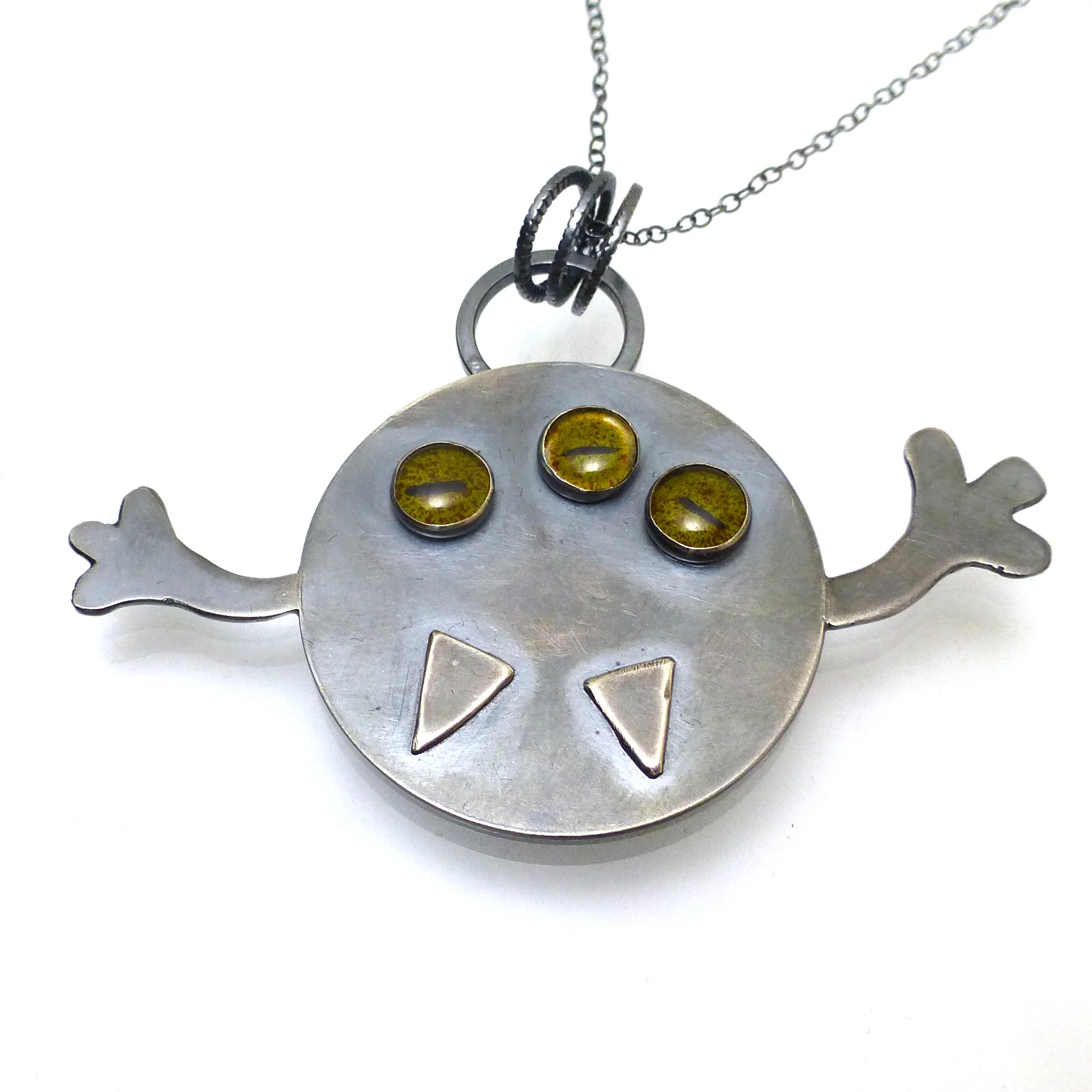 SOLD - 3 Eyed Monster Necklace Oxidized Sterling Silver