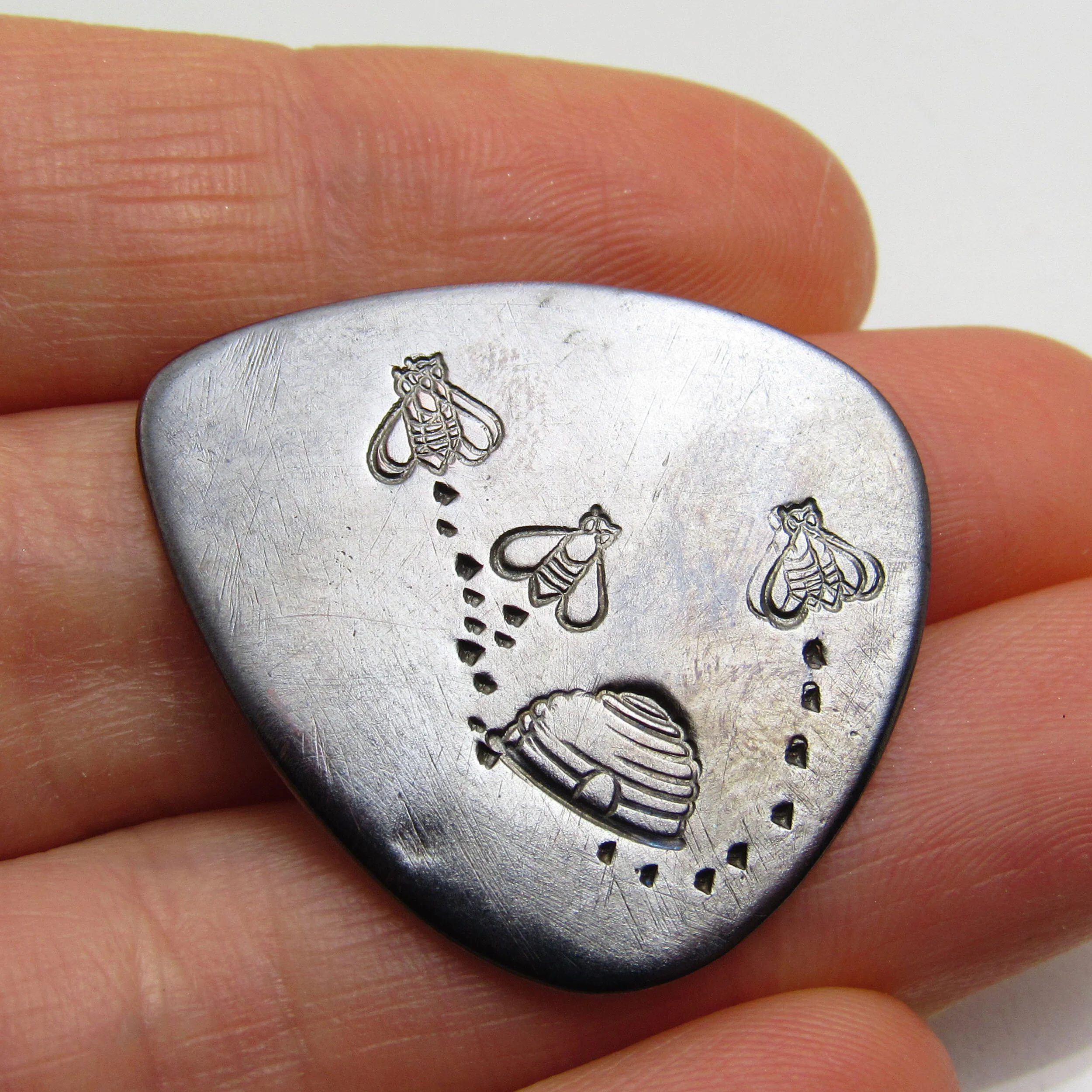 Copper stamped Honey Skep and Honey bee Guitar Pick