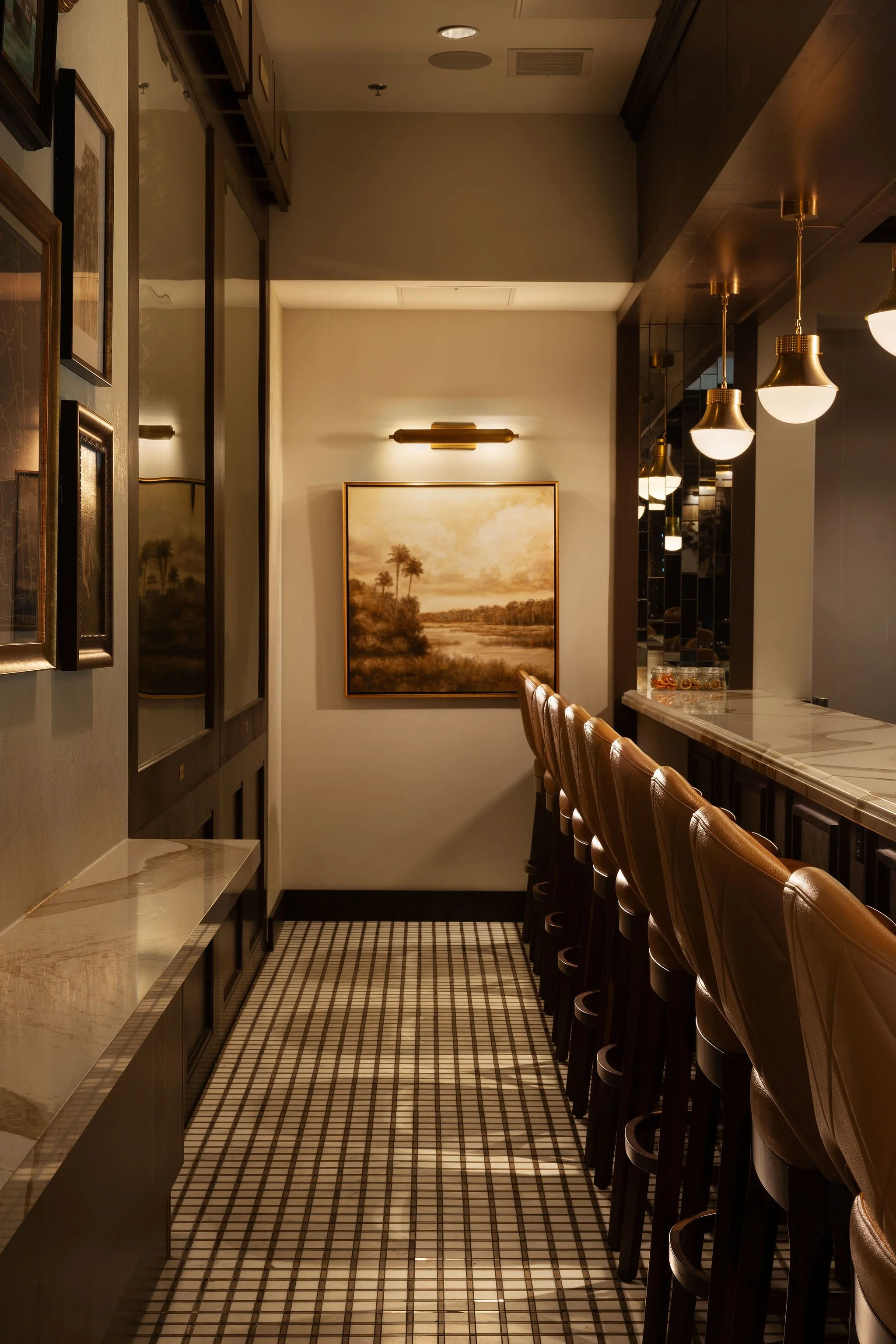 Micamy Design Studio_Chophouse_Nocatee_Restaurant Bar_Mosaic White Tile Floor_Quartz Counter_Brass Pendants_Picture Light_Wood Ceiling.jpg