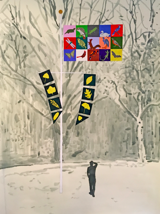Ecology Sampler Proposal Sketch , 2018. Gouache, collage, and ink on paper.