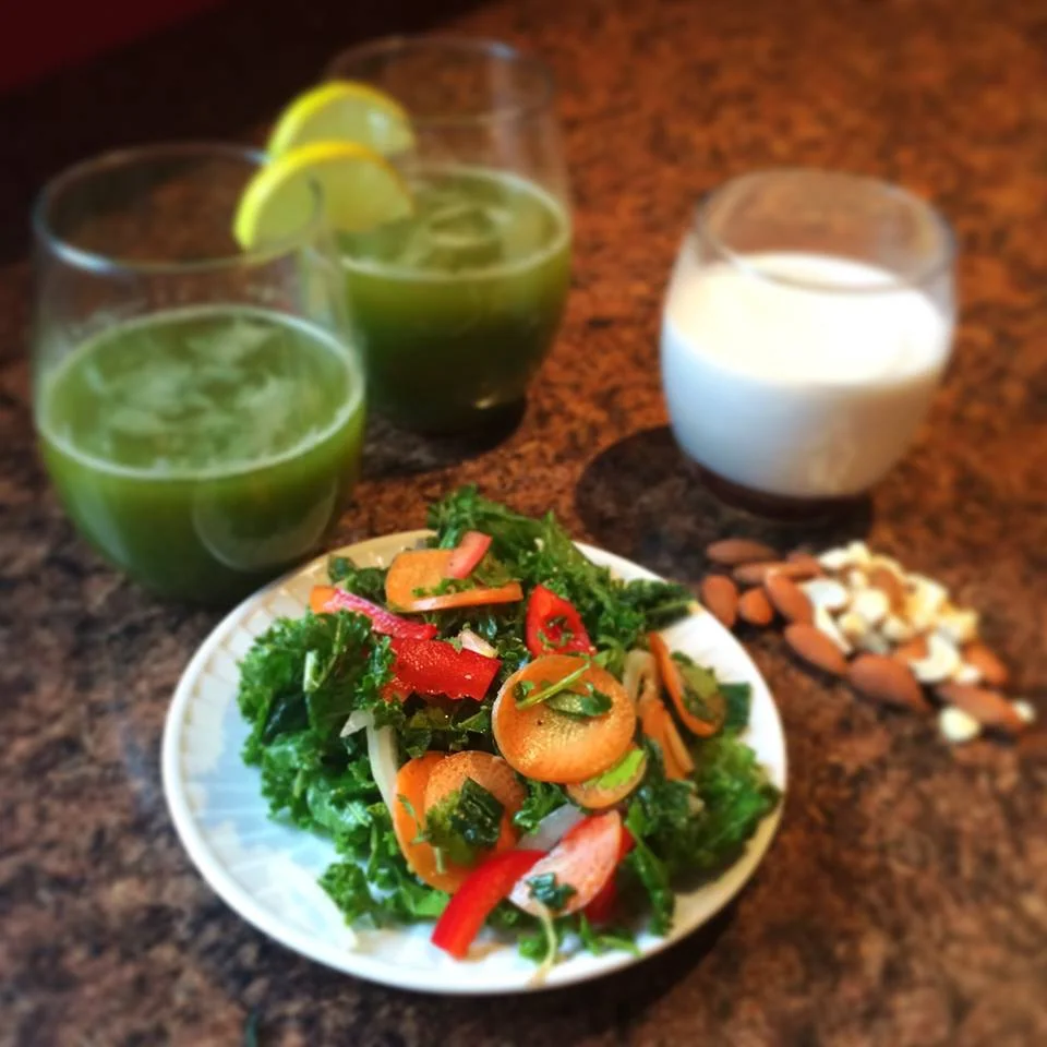 Staples in my house - Nut milk, a hardy green salad, and green juice!
