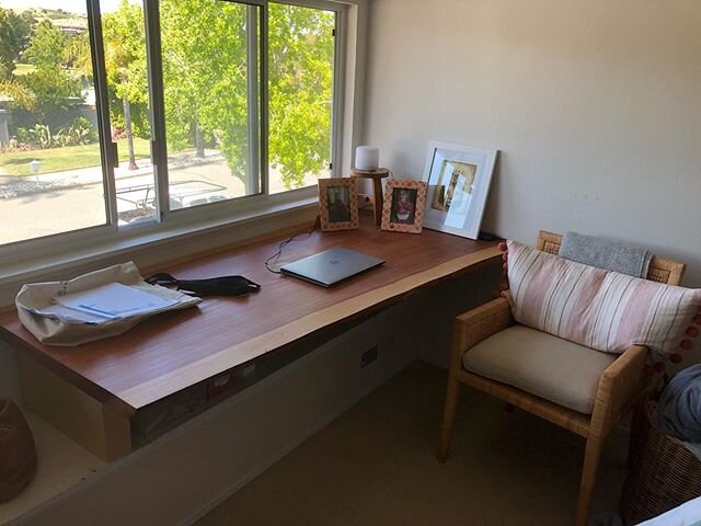 Converted a window seat into a desk to work at home. A redwood slab and some oil. I&rsquo;m trying to use up some of those pieces of wood that I have been saving (like all woodworkers do). #scapwoodproject #redwoodslab #redwoodslabs #workfromhome