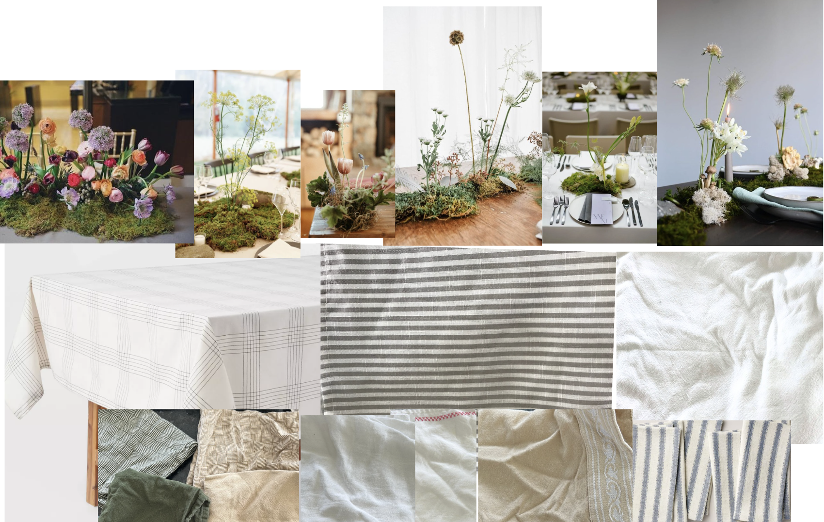 Image of a canva board with a collage of floral photos with linens collected below to see how they go together