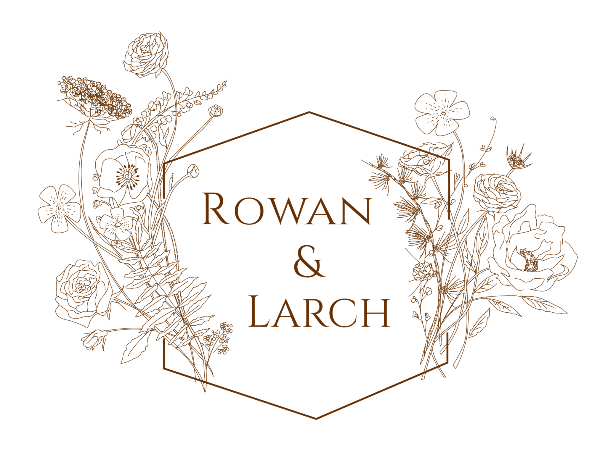Rowan & larch logo with florals surrounding a hexagon