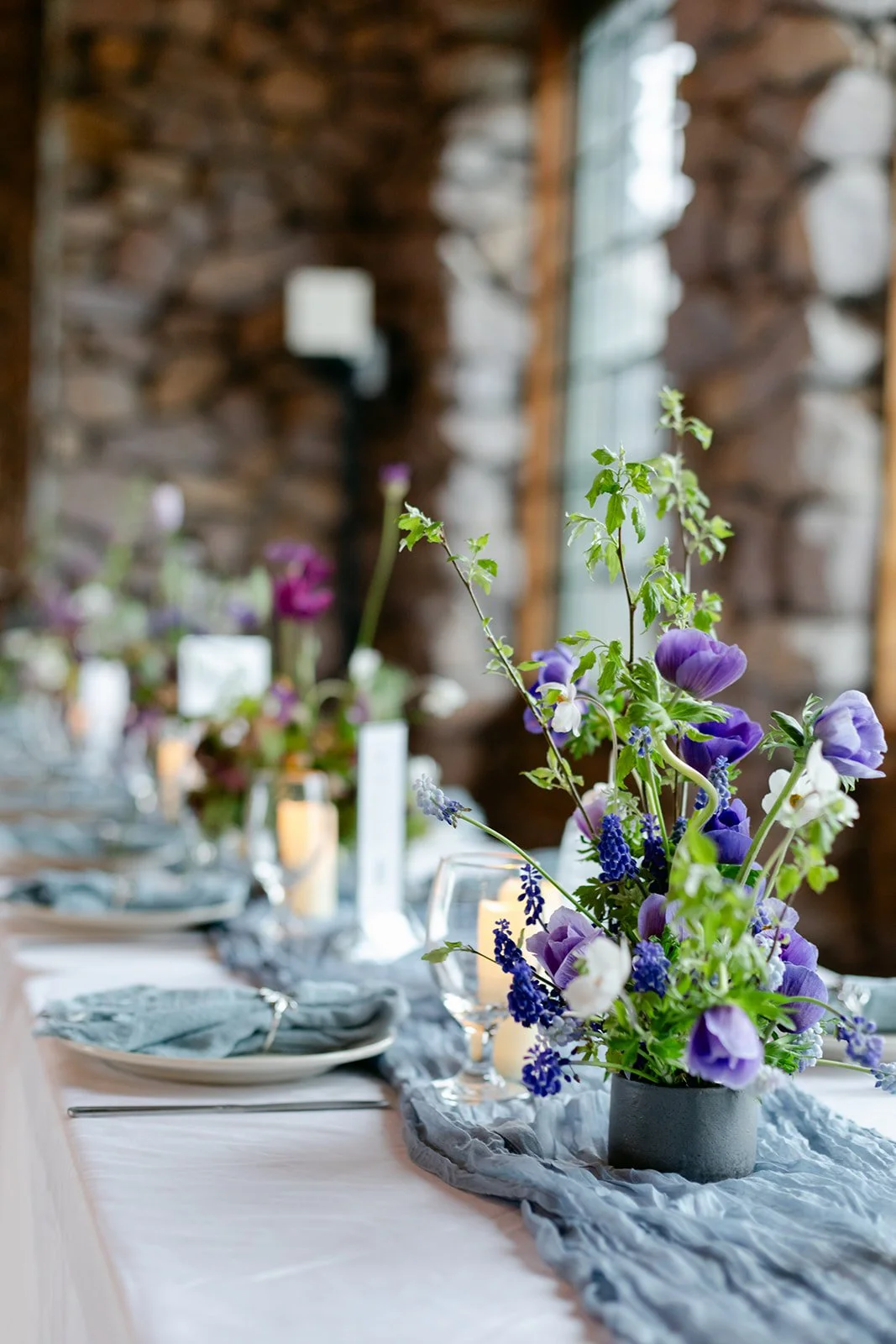 Purple florals on a blue runner