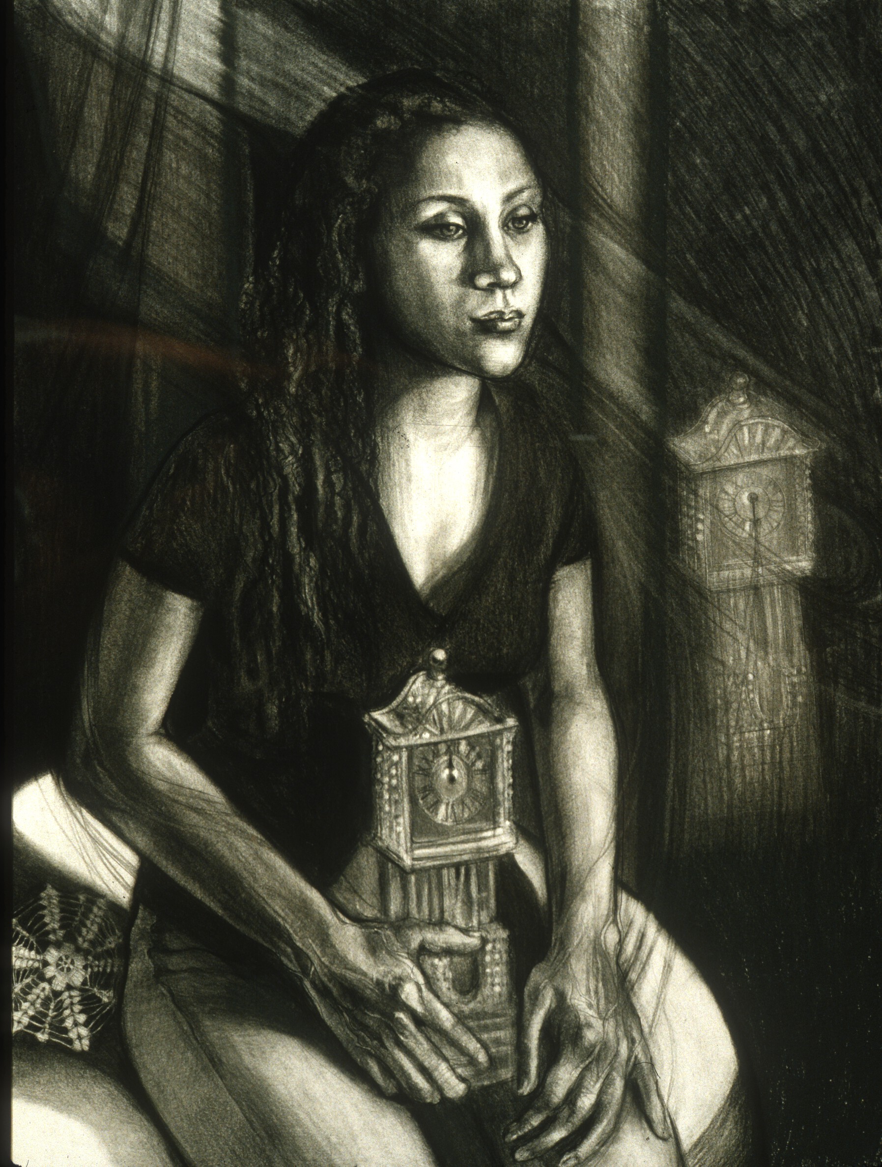 Lou Ann Burkhardt Fleeting Time, Thou Hast No Pain (A Tribute to Ivan), 1999 Charcoal on paper 21-1/2” x 34” framed $2,500
