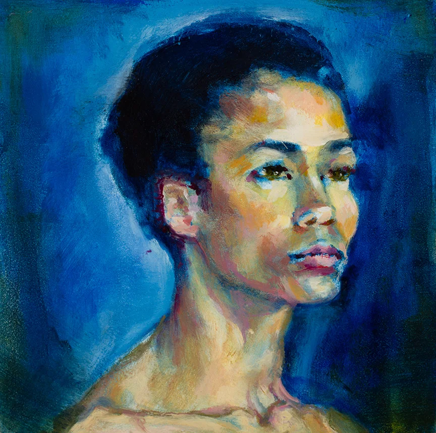 Lou Ann Burkhardt Kristin in Blue , 2013 Oil on wooden block 5” x 5”