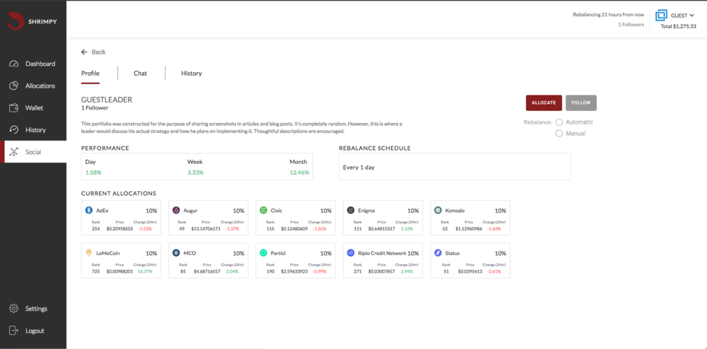 This is what you see when you click on a leader in the Shrimpy Social tab. Along with being able to see the leaders allocations and rebalance period, you can also chat with the leader and see the history of changes they have made to their portfolio.