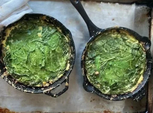 collard greens frittata in cast iron pan | cooking classes | Ronna Welsh | Purple Kale Kitchenworks
