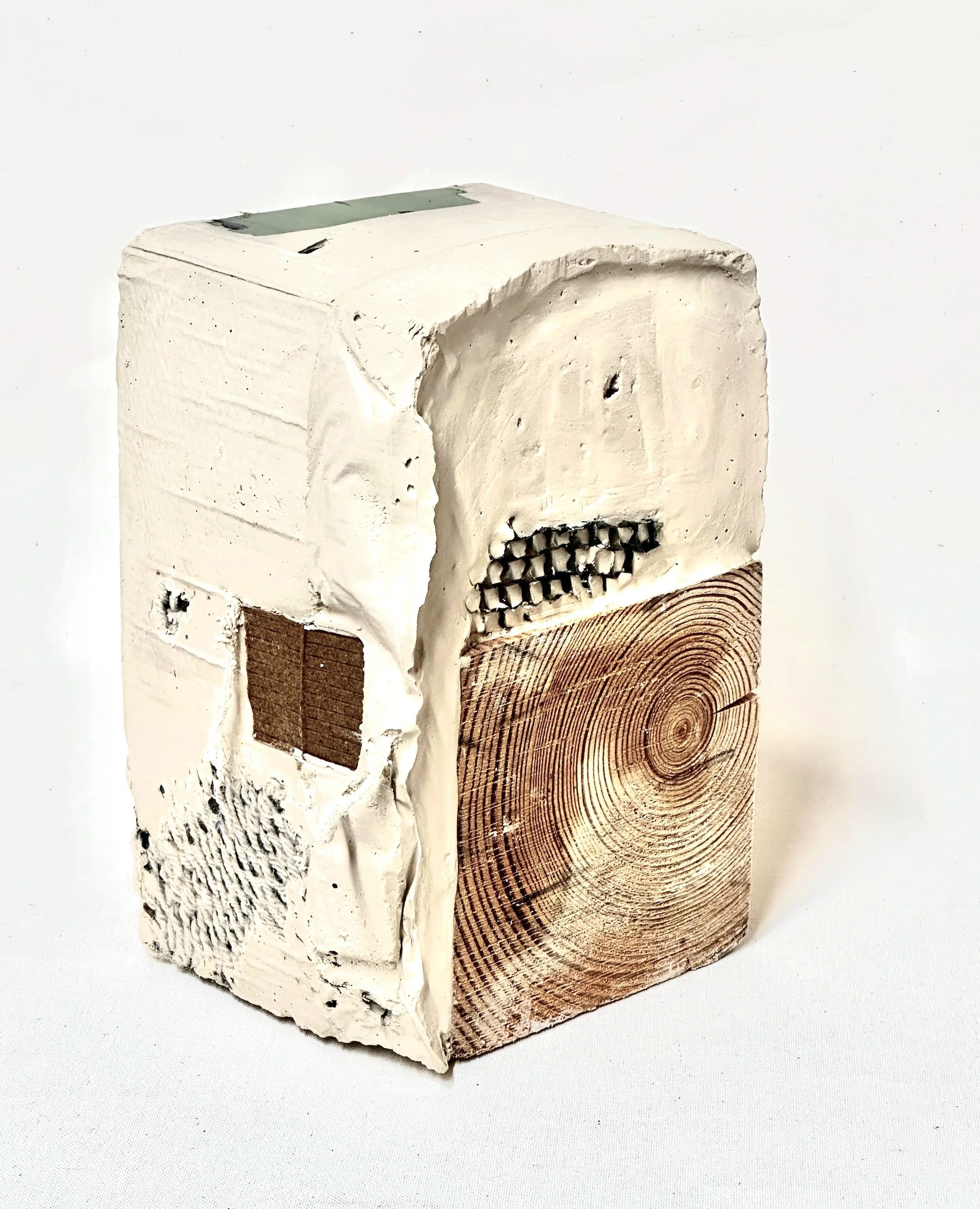 Bird's Eye Formation (View 1).  Plaster, wood blocks, weaving on honeycomb packing paper, cardboard, clay tile.  12"h x 7"w x 7"d.  2026
