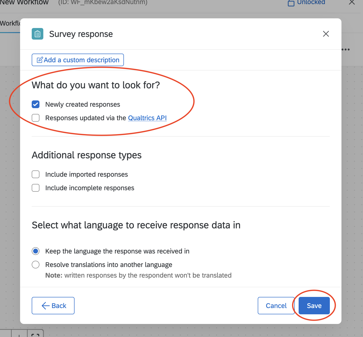 Screenshot of the survey response page with the "What do you want to look for?" section circled in red. The "Save" button on the bottom right is circled red as well.
