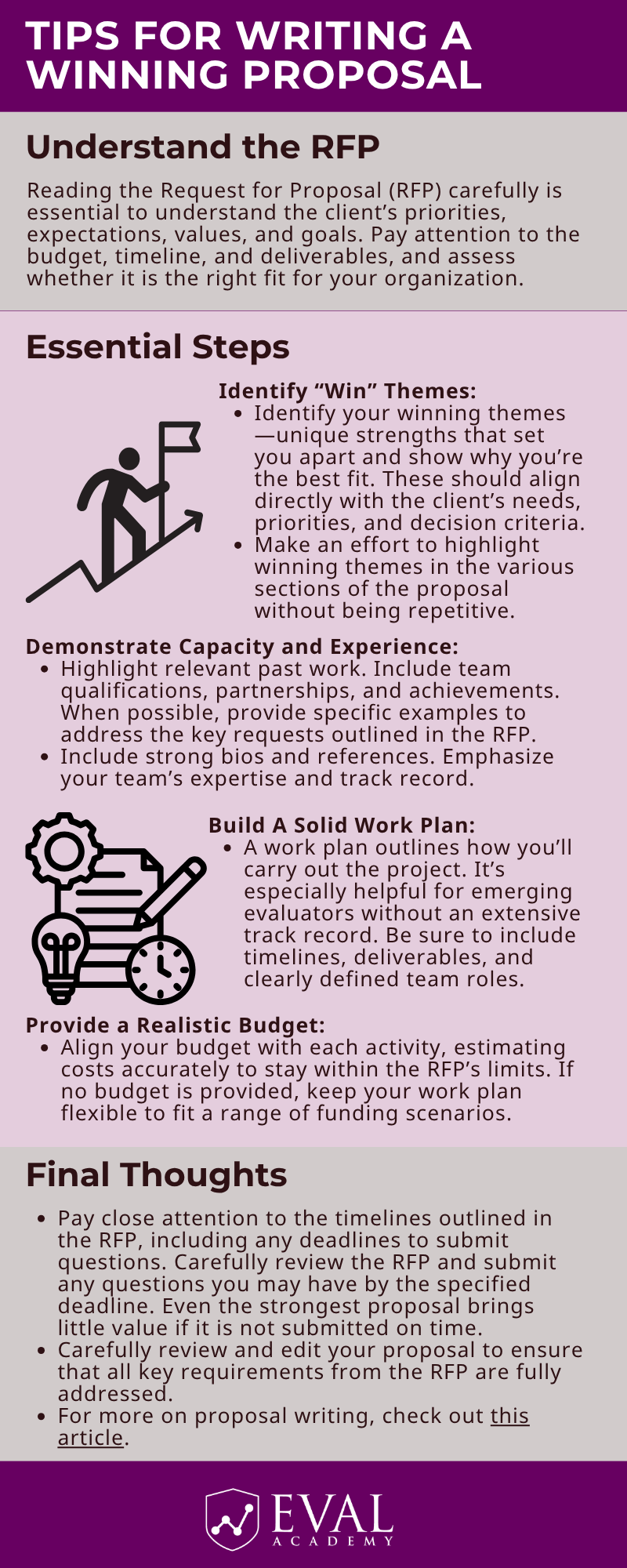 Includes tips for proposal writing such as understanding the RFP and key steps to completing your proposal. Steps include building a solid work plan, identifying 'win' themes, demonstrating capacity and experience, and a realistic budget.