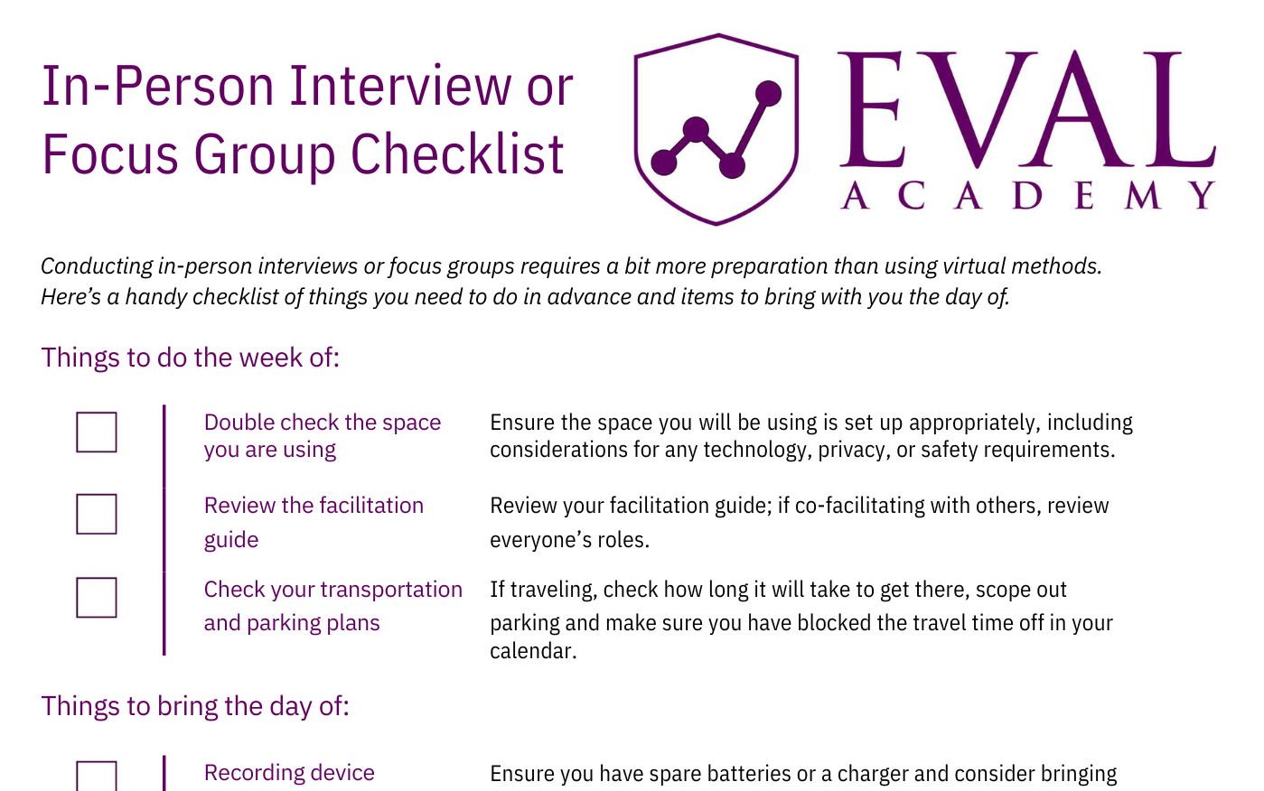 Shows a small example of what is included in the in-person interview and focus group checklist resource that is available for download.