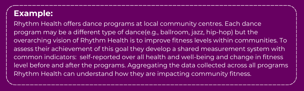 Program offers dance programs at local community centres and each program may be a different type of dance. Aim of all programs is to improve fitness levels. They develop a shared measurement tool to assess their goal achievement.