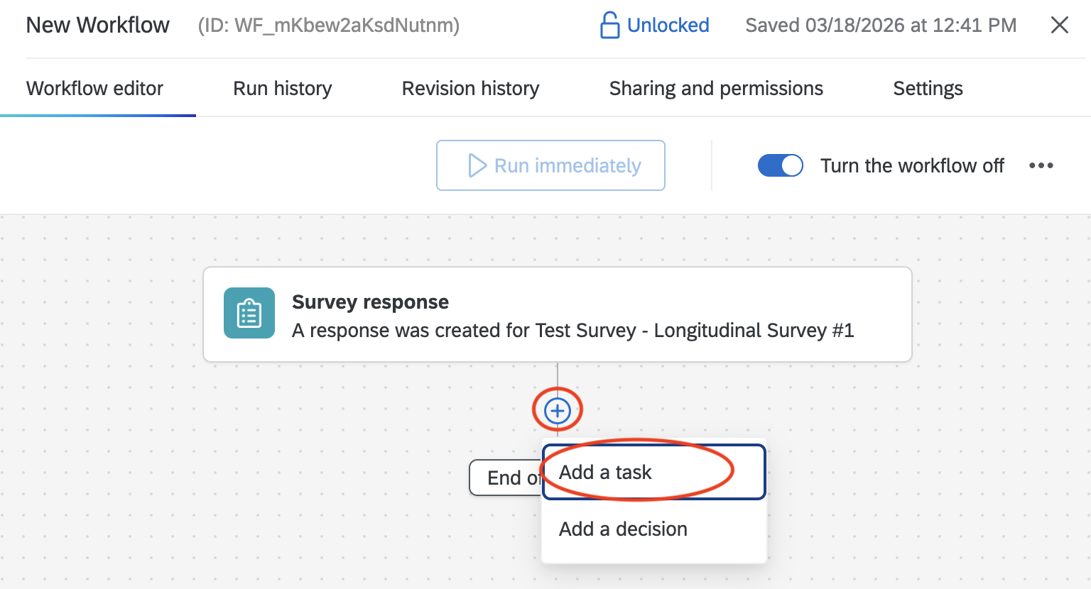 A screenshot of the Survey response page with the plus sign circled red and the "Add a task" drop down circled in red.