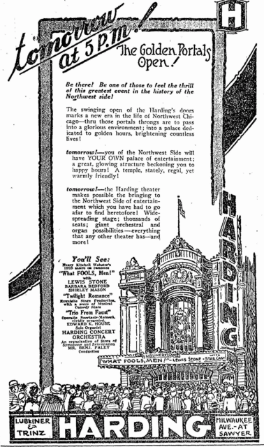 A newspaper-style black and white advertisement for the Harding Theater, announcing the opening of The Golden Portals at 5 P.M. with promotional text about entertainment and upcoming shows, including Lewis Stone and other acts, with an illustration of the theater's exterior and marquees.