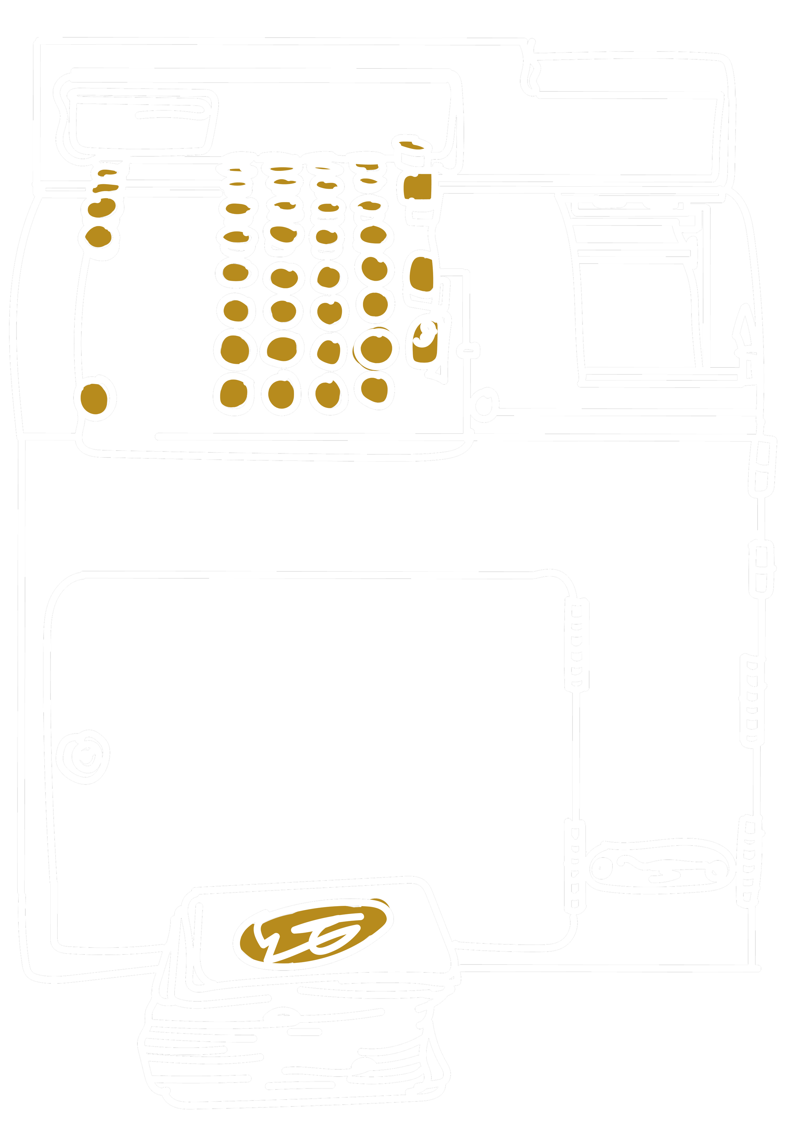 Outline drawing of a cash register with a food basket below it.