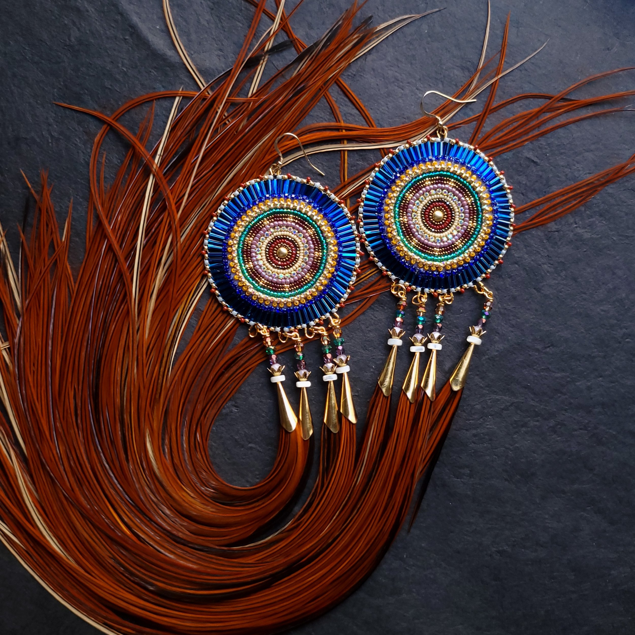 Medium Owl Eyes & Feather Earrings