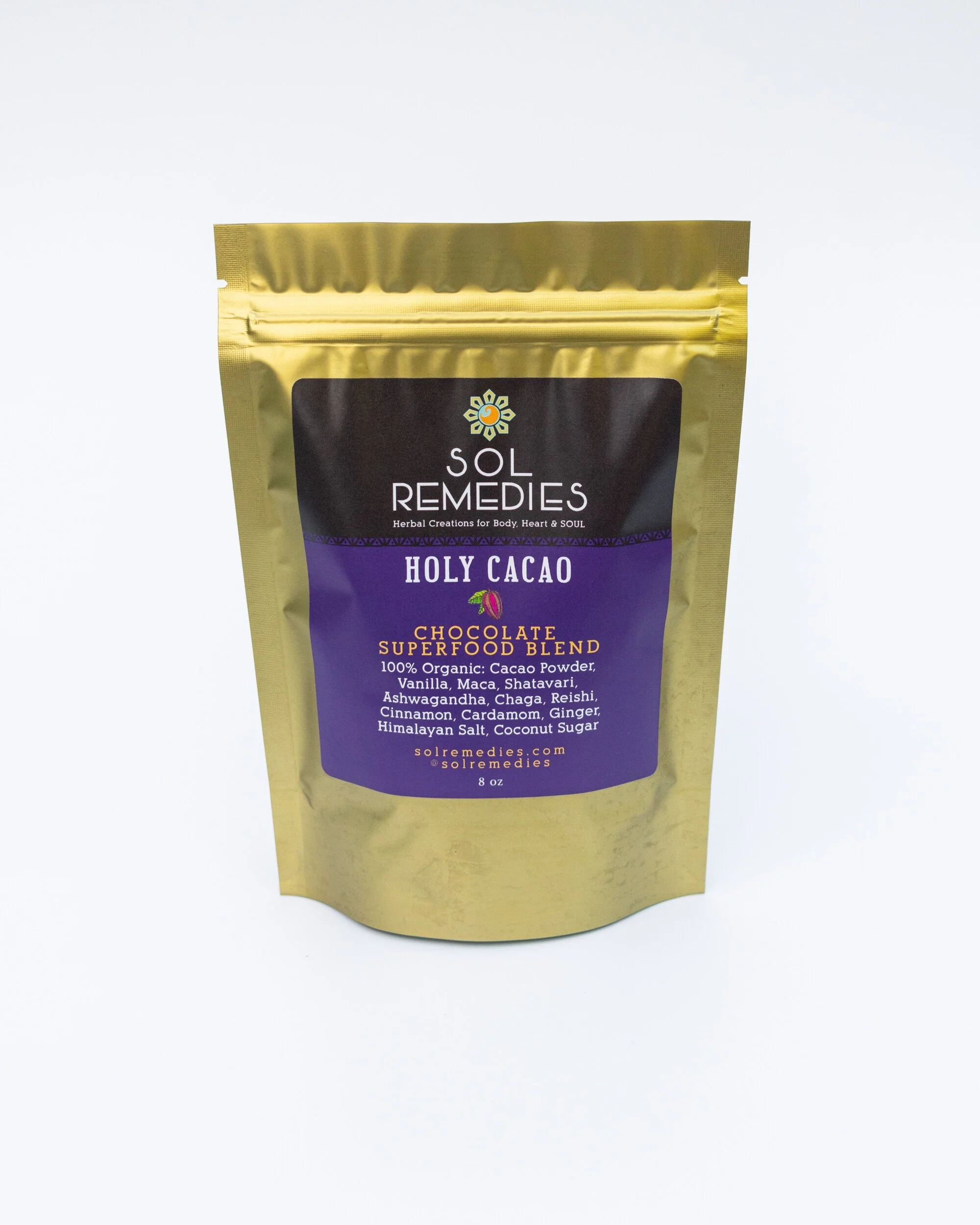 Golden pouch of Sol Remedies' Holy Cacao powder