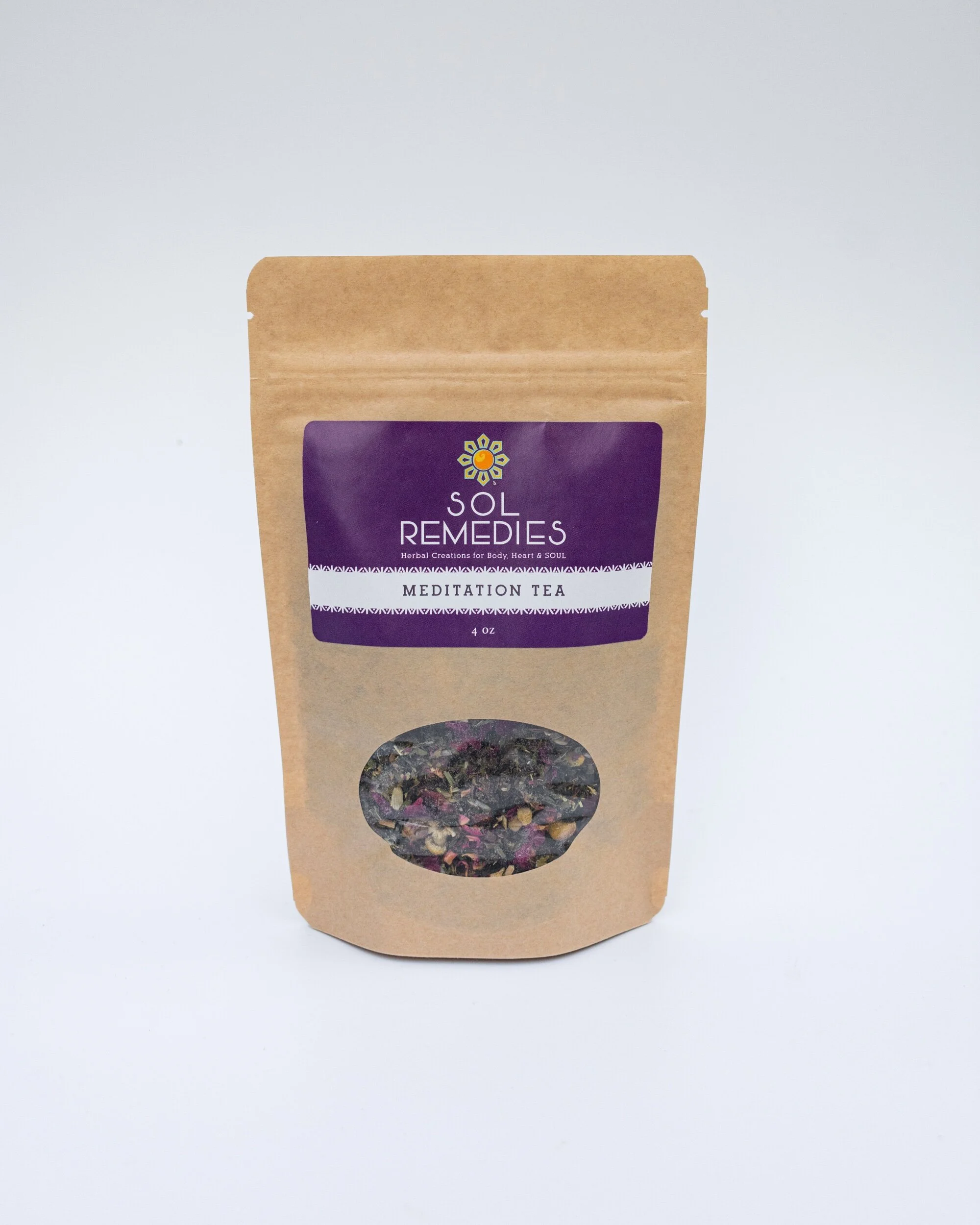 Tan pouch with purple Sol Remedies label and clear window in package